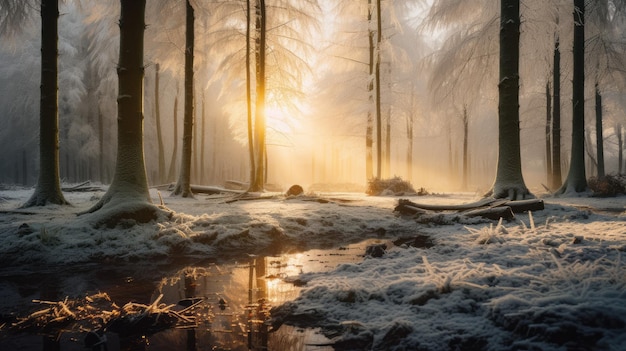 Frosted Beauty Snowy Forest with Icicles and Sunrays Illuminating the Serene Landscape