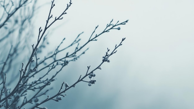 Photo frosted branches against a blurry foggy sky