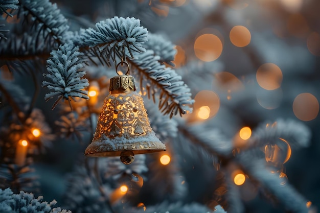 Photo frosted christmas ornament bell hanging on tree branch with lights