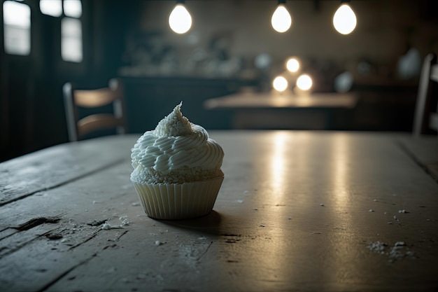 Frosted cupcake on a cafe table