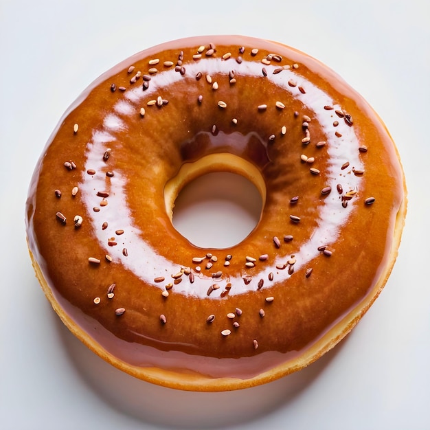 a frosted glazed donut sitting on top of a white table