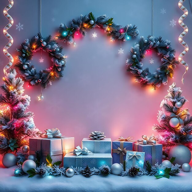 Frosted Grey Backdrop Adorned With Holographic Wreaths Chrome Ornaments Shimmer Beside Fiber Optic