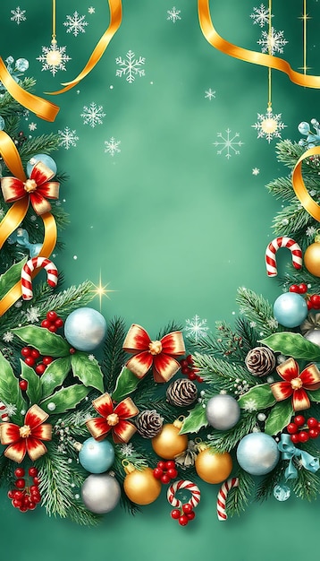 Frosted Jade Backdrop Adorned With Twinkling Snowflakes Golden Ribbons Drape Over Evergreen Garlan