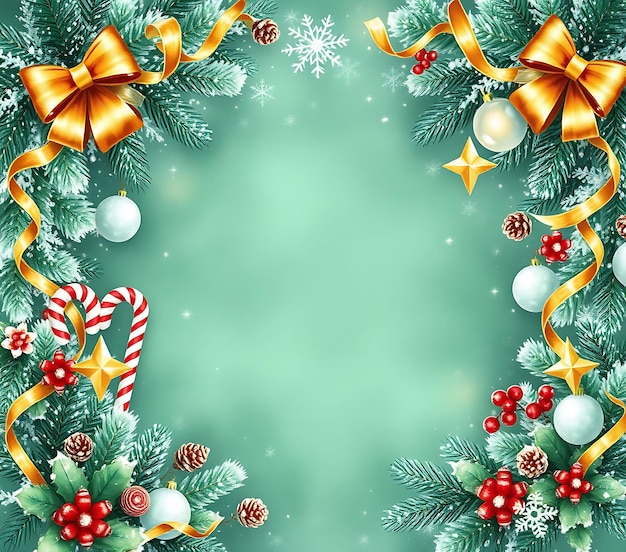 Frosted Jade Backdrop Adorned With Twinkling Snowflakes Golden Ribbons Drape Over Evergreen Garlan