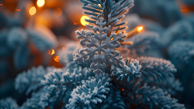 Photo frosted pine branch with a silver snowflake ornament illustration