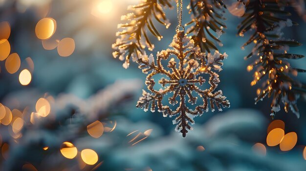 Frosted Pine Branch with Snowflake Ornament Winter Nature Photography