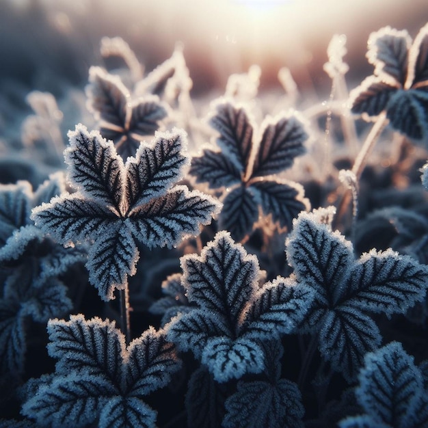 a frosted plant with frosted leaves in the background