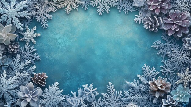 Frosted Snowflakes and Pine Cones Bordering a Turquoise Background