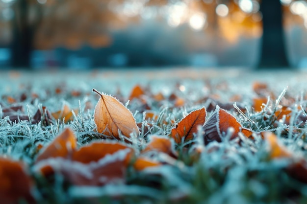 Frostkissed autumn leaves blanket the ground in a tranquil park during early morning light