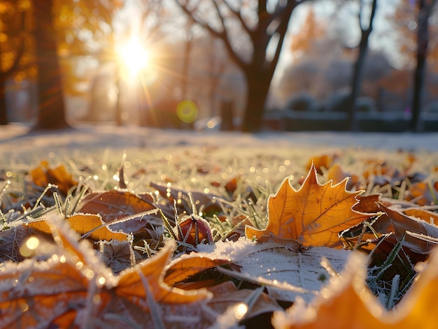 Photo frosty autumn leaves blanket the ground at sunrise in a tranquil park