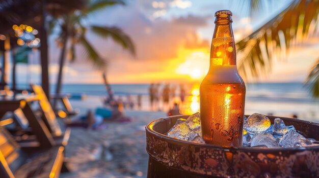 Frosty Beer Bottle in Ice at Lively Beach Bar with Ocean Views Perfect for Summer Celebrations