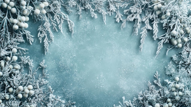 Frosty Branches with White Berries Framing a Blue Background