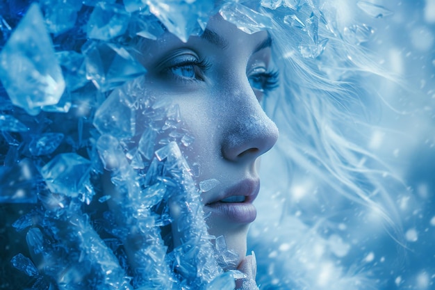 Photo frosty enchantment a woman with blue hair and ice mask in a snowy landscape