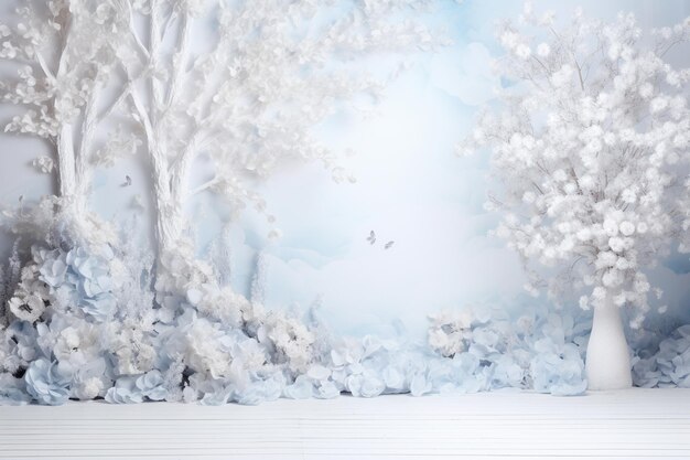 Photo frosty festivity white backdrop with winter decorations