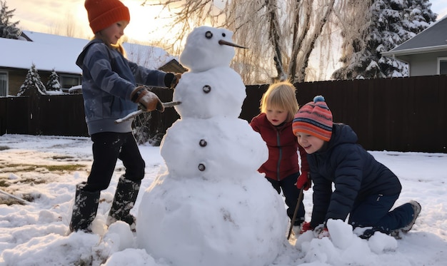 Photo frosty friends children joyfully building a snowman capturing the magic of wintertime play