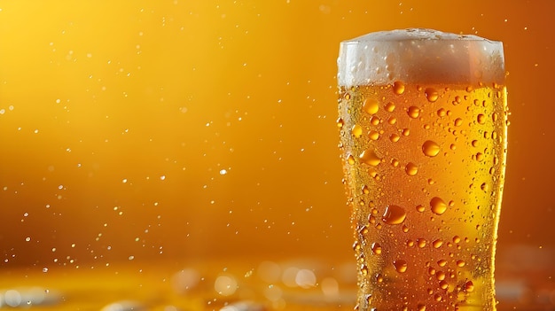 Photo frosty glass of cold refreshing beer on vibrant yellow backdrop