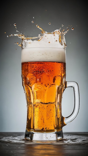 Frosty glass of light beer with foam and splashes isolated on gray background