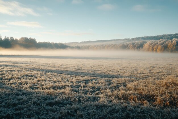 Frosty morning landscape with mist hovering over a serene field and wooded hills in autumn