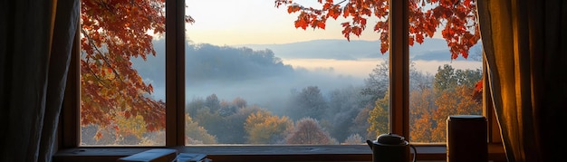 Photo frosty morning with autumn leaves the window reveals a crisp autumn morning