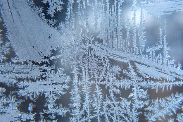 Frosty patterns on the window glass closeup. natural textures and backgrounds. ice patterns on frozen