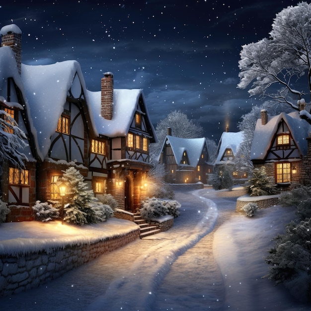 Frosty snowflakes falling gently on a quiet village