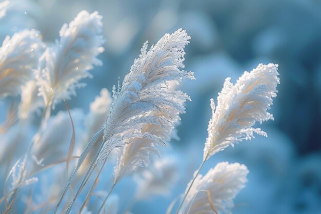 Frosty White Pampas Grass Swaying in the Winter Wind