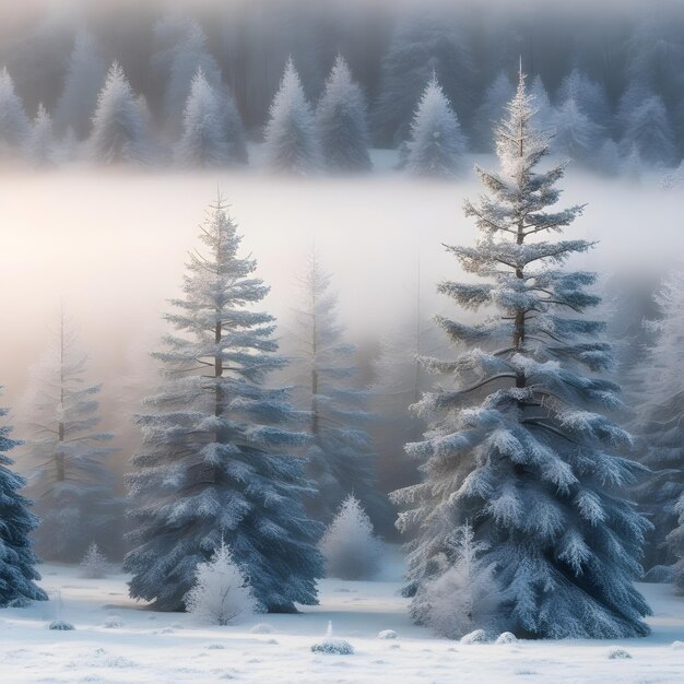 Photo frosty winter landscape in snowy forest christmas background with fir trees and blurred background of winter