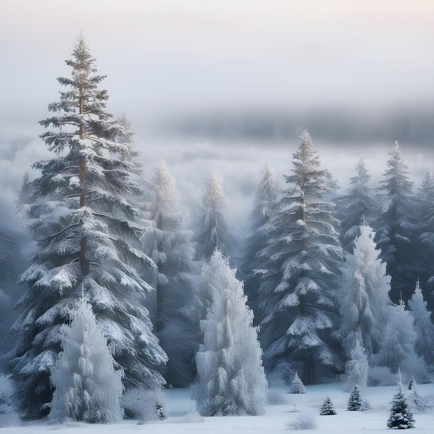 Photo frosty winter landscape in snowy forest christmas background with fir trees and blurred background of winter