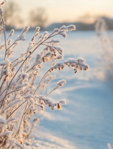 Photo frosty winter landscape with snowcovered grass and soft sunrise glow