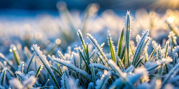 Frosty Winter Morning Cold Weather Macro Background with Frozen Grass