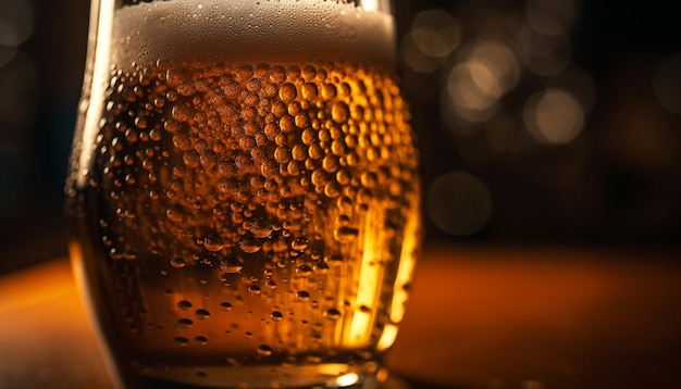 Frothy beer drop illuminates gold pint glass generated by AI