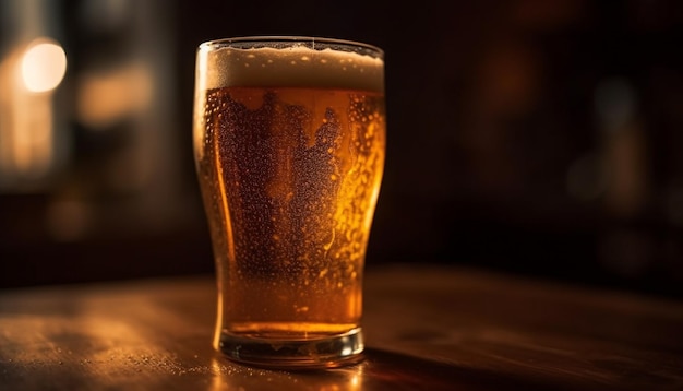 Frothy beer glass on wood table illuminated generated by AI