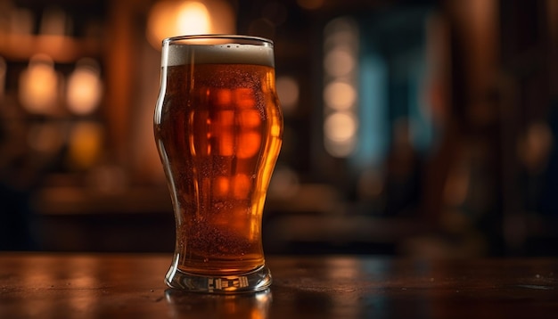 Frothy beer in gold glass on wooden table generated by AI