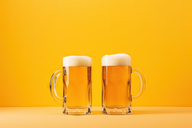 Photo frothy beer mugs on yellow backdrop