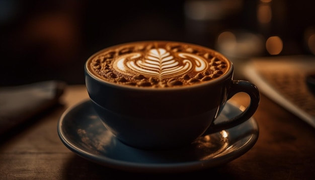 Frothy cappuccino on wooden table rustic still life generated by AI