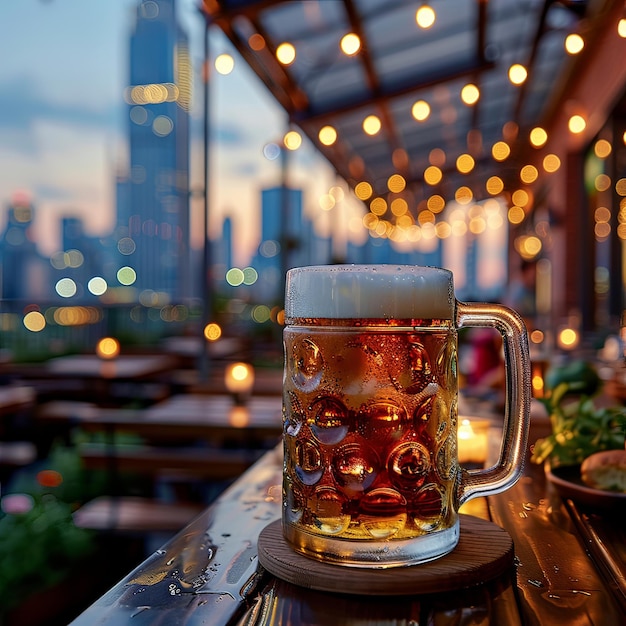 Frothy Lager in a Glass Tankard at a Rooftop Beer Soire