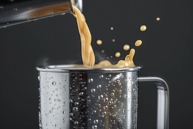 Photo frothy liquid poured into steel coffee mug