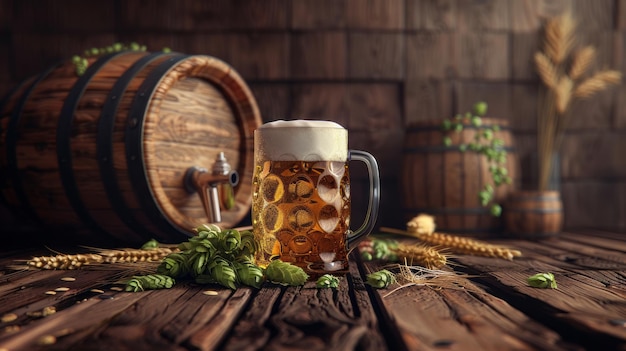 Photo a frothy mug filled with golden beer rests on a wooden table adorned with hops and wheat evoking a sense of warmth and craftsmanship