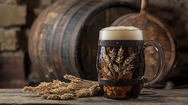 Photo a frothy pint of beer beside a rustic wooden barrel in a traditional brewery setting