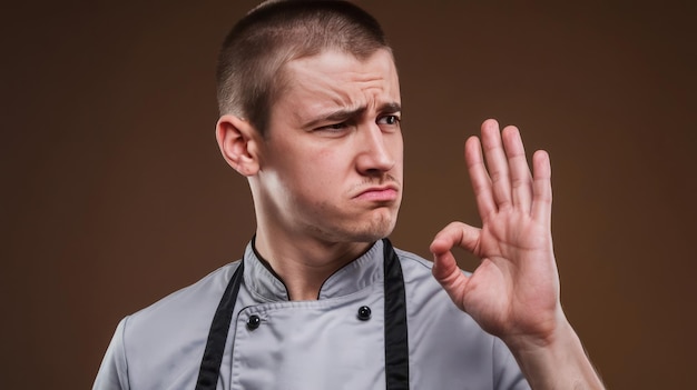 Frowning young male chef wearing uniform looking at side showing yes gesture isolated on brown back