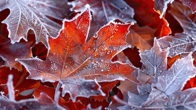 Frozen autumn frost cold morning ice maple leaves