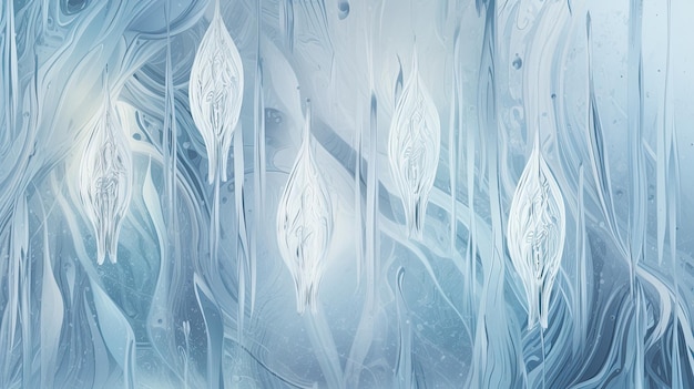 Frozen background with crystal ice formations frost patterns and icicles