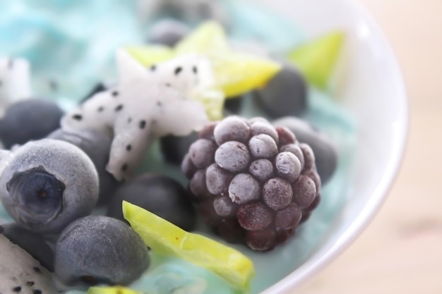 Frozen berries and fruits on a plate.