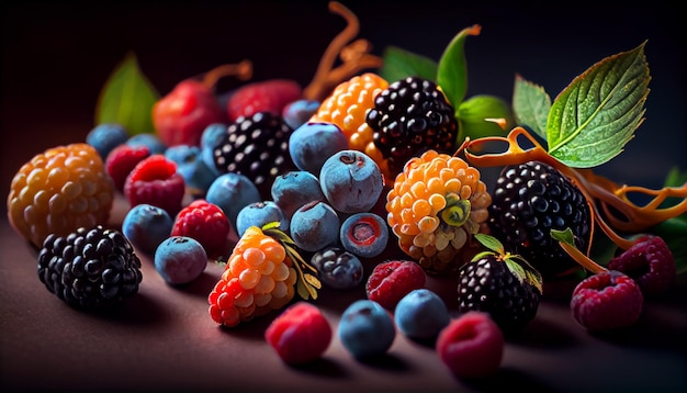 Frozen berries on ice Selective focus Shallow depth of field Tonedgenerative ai