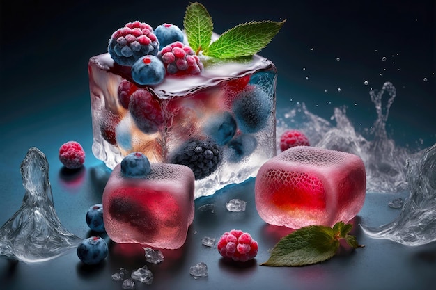 Frozen berries with ice cubes for drinks and cocktails