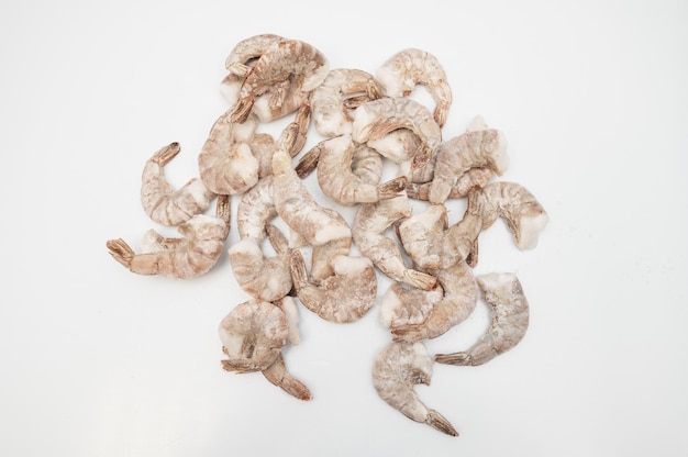 Frozen big king size shrimp in fridge at the fish market healthy eating and fish market concept