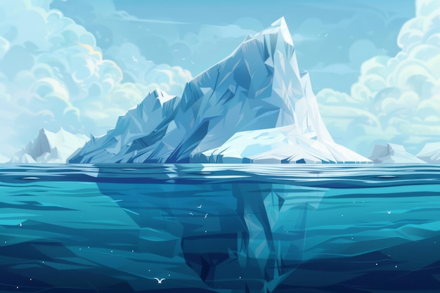 Frozen block of iceberg cartoon arctic landscape Winter scene with hills and melting ice