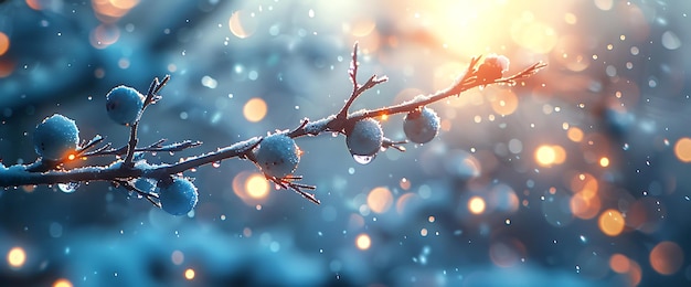 Photo frozen branch with blue berries and bokeh lights in a snowy forest