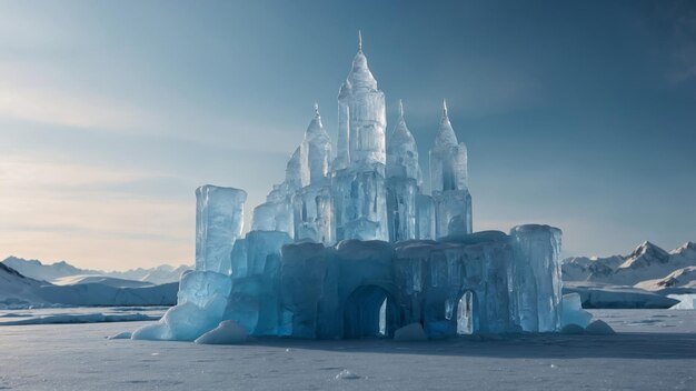 Photo a frozen castle made of ice and light standing on a glacier