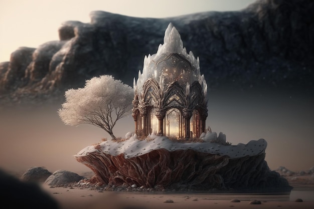 A frozen castle on a rock with a tree in the middle